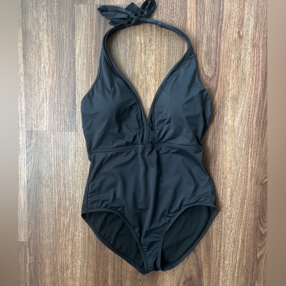 TOMMY BAHAMA Black Plunge Neck Halter Mesh Trim One Piece Swimsuit Minimalist 12 - Picture 2 of 8